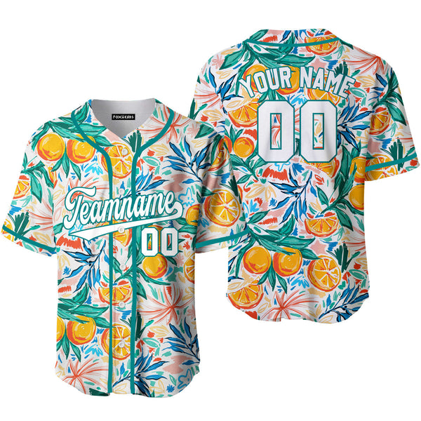 Custom Orange Tropical Pattern White Teal Custom Baseball Jerseys For Men & Women