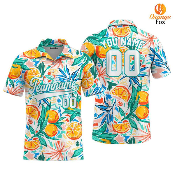 Custom Orange Tropical Pattern White Teal Custom Polo Shirt For Men