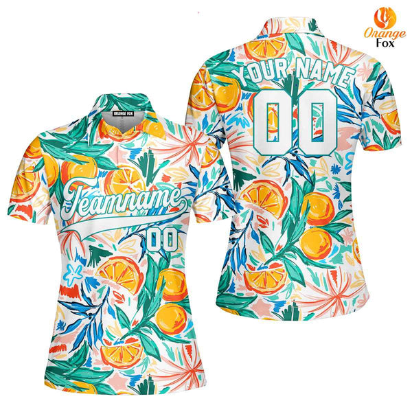 Custom Orange Tropical Pattern White Teal Custom Polo Shirt For Women