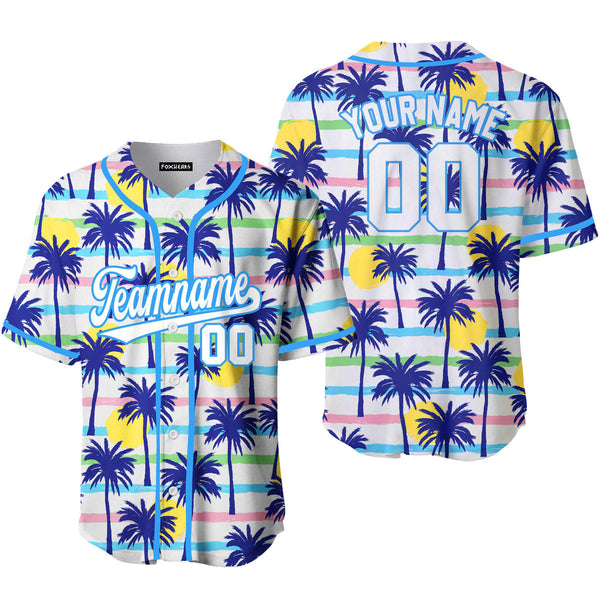 Custom Palm Trees Tropical Pattern White Light Blue Custom Baseball Jerseys For Men & Women