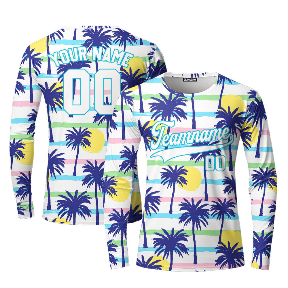 Custom Palm Trees Tropical Pattern White Light Blue Custom Long Sleeve T-Shirt For Men & Women