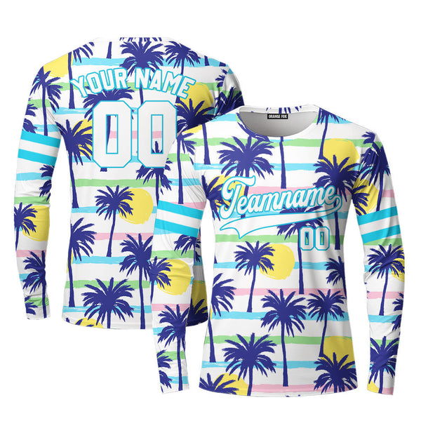 Custom Palm Trees Tropical Pattern White Light Blue Custom Long Sleeve T-Shirt For Men & Women