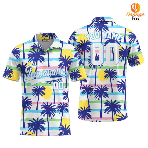 Custom Palm Trees Tropical Pattern White Light Blue Custom Polo Shirt For Men