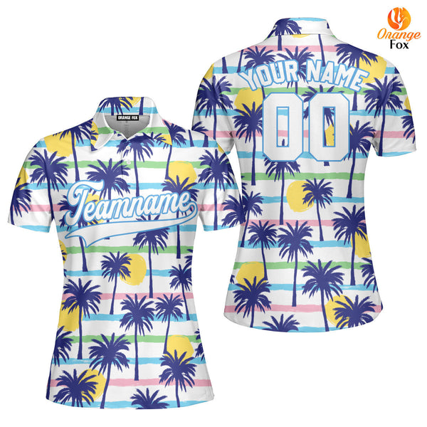 Custom Palm Trees Tropical Pattern White Light Blue Custom Polo Shirt For Women