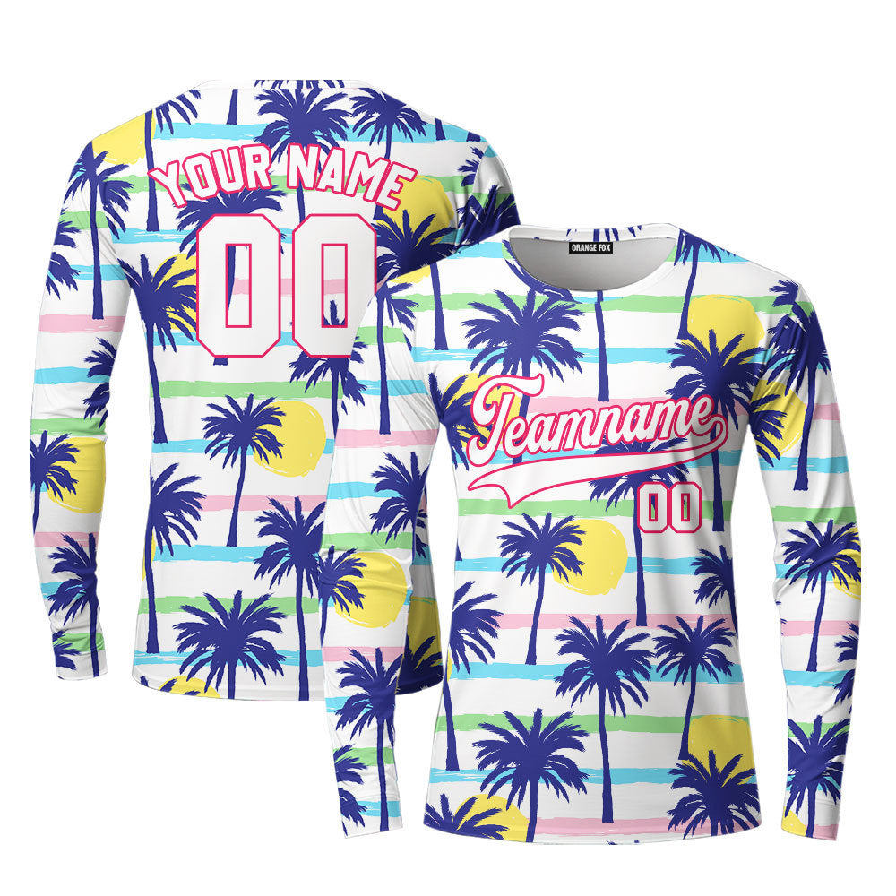 Custom Palm Trees Tropical Pattern White Pink Custom Long Sleeve T-Shirt For Men & Women