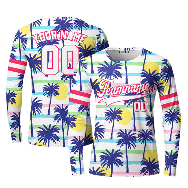 Custom Palm Trees Tropical Pattern White Pink Custom Long Sleeve T-Shirt For Men & Women