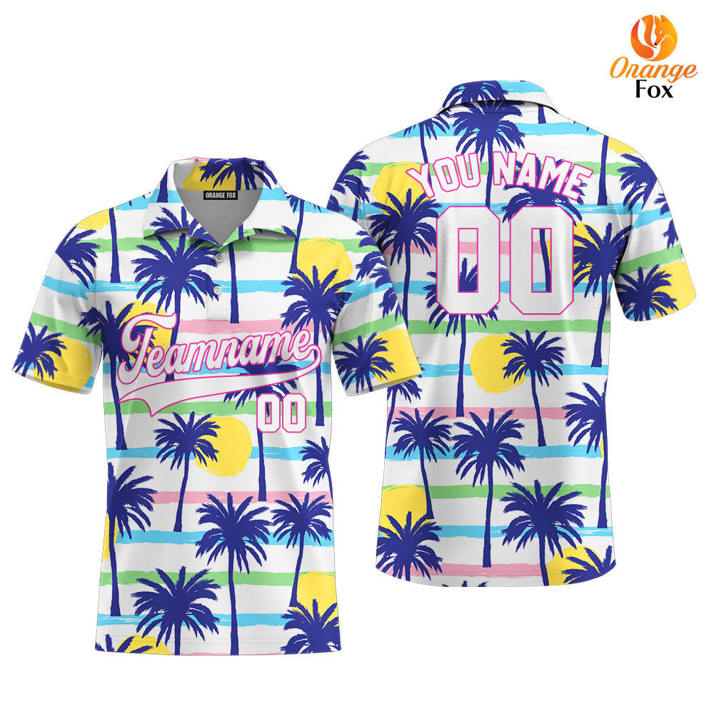 Custom Palm Trees Tropical Pattern White Pink Custom Polo Shirt For Men