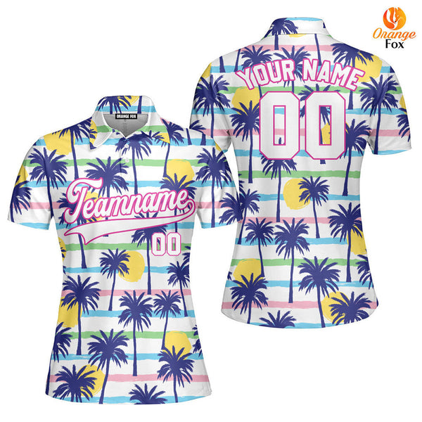 Custom Palm Trees Tropical Pattern White Pink Custom Polo Shirt For Women