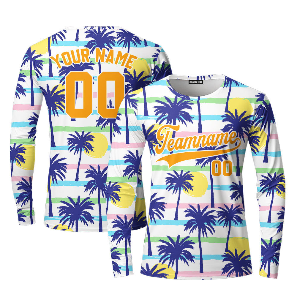 Custom Palm Trees Tropical Pattern Yellow White Custom Long Sleeve T-Shirt For Men & Women