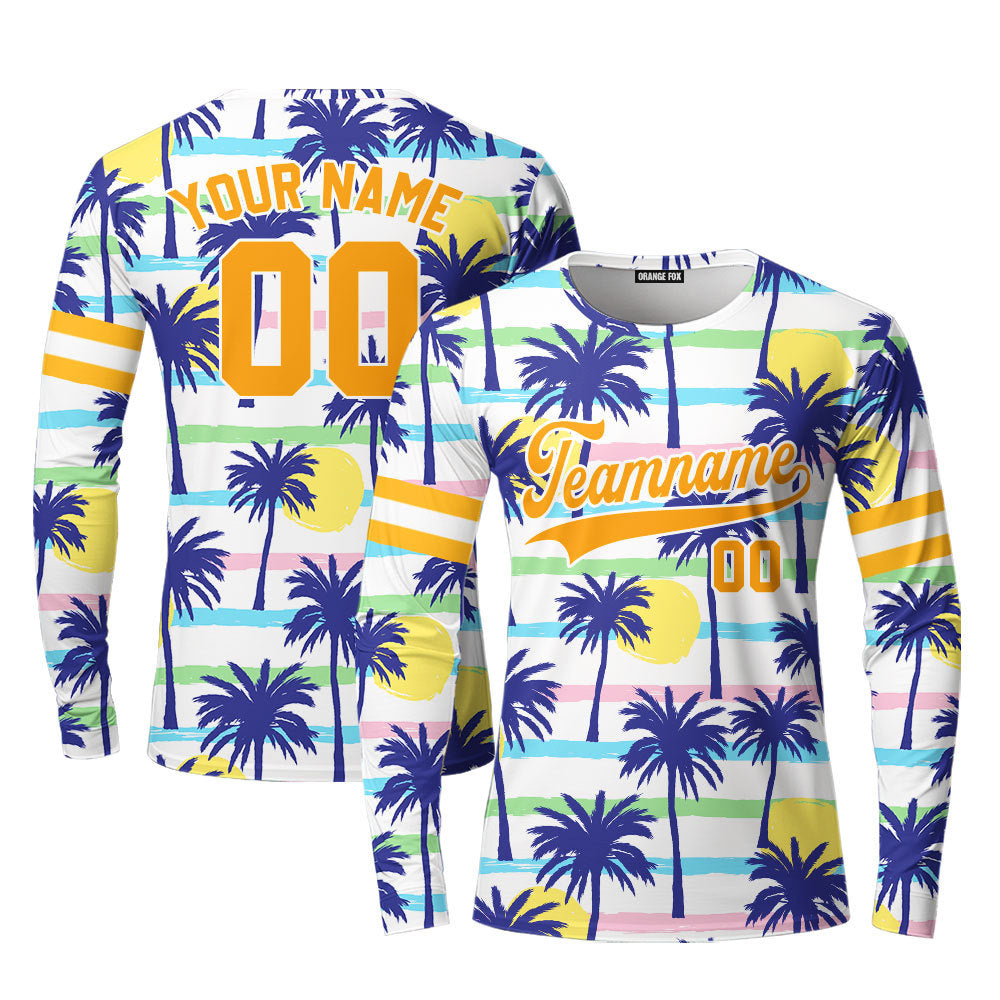 Custom Palm Trees Tropical Pattern Yellow White Custom Long Sleeve T-Shirt For Men & Women