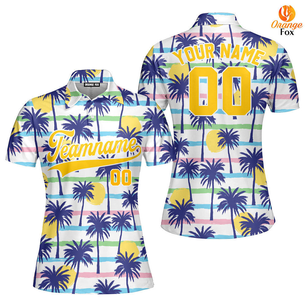 Custom Palm Trees Tropical Pattern Yellow White Custom Polo Shirt For Women