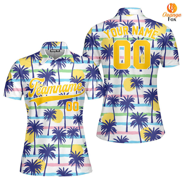 Custom Palm Trees Tropical Pattern Yellow White Custom Polo Shirt For Women