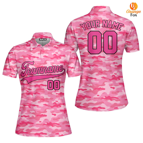 Custom Pink Camouflage Pink Black Custom Polo Shirt For Women