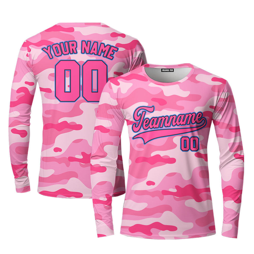 Custom Pink Camouflage Pink Black Light Blue Custom Long Sleeve T-Shirt For Men & Women