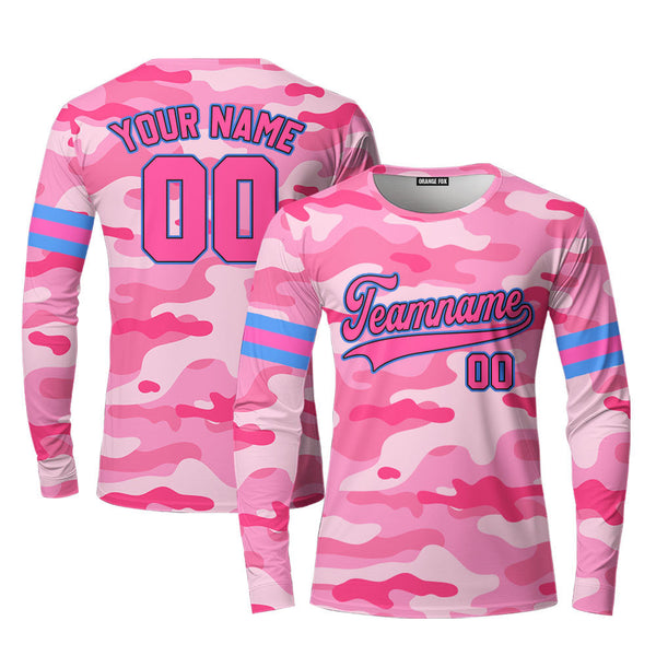 Custom Pink Camouflage Pink Black Light Blue Custom Long Sleeve T-Shirt For Men & Women