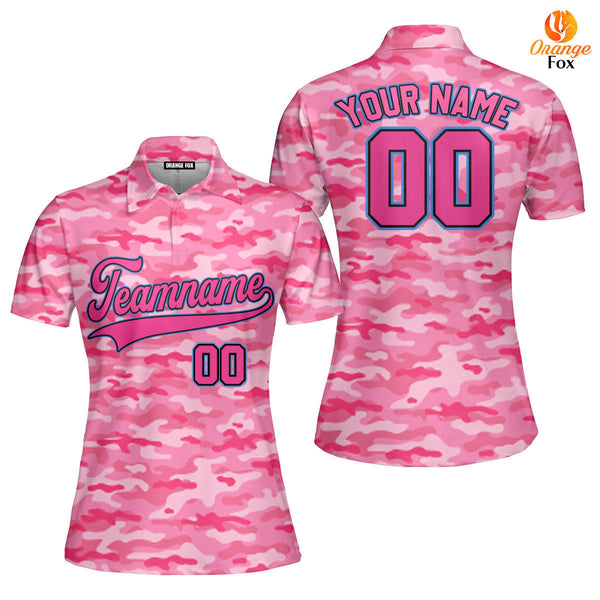 Custom Pink Camouflage Pink Black Light Blue Custom Polo Shirt For Women