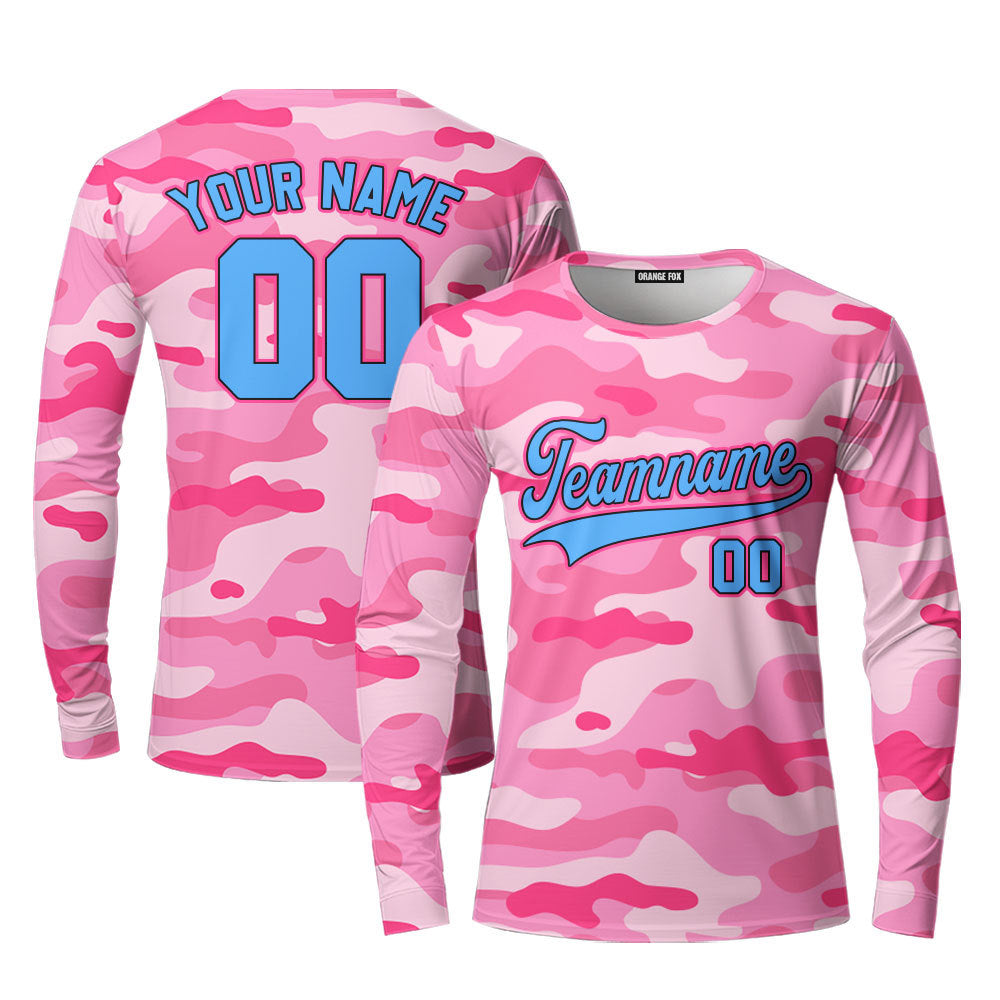 Custom Pink Camouflage Royal Blue Black Pink Custom Long Sleeve T-Shirt For Men & Women