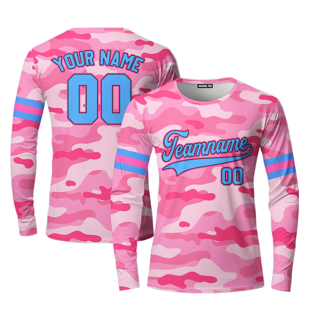 Custom Pink Camouflage Royal Blue Black Pink Custom Long Sleeve T-Shirt For Men & Women