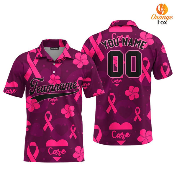 Custom Pink Care Heart Breast Cancer Black Pink Custom Polo Shirt For Men