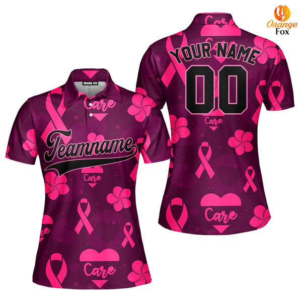 Custom Pink Care Heart Breast Cancer Black Pink Custom Polo Shirt For Women