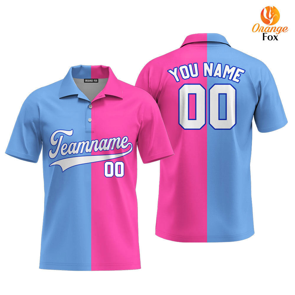 Custom Pink Dark Blue Light Blue Split Fashion Custom Polo Shirt For Men