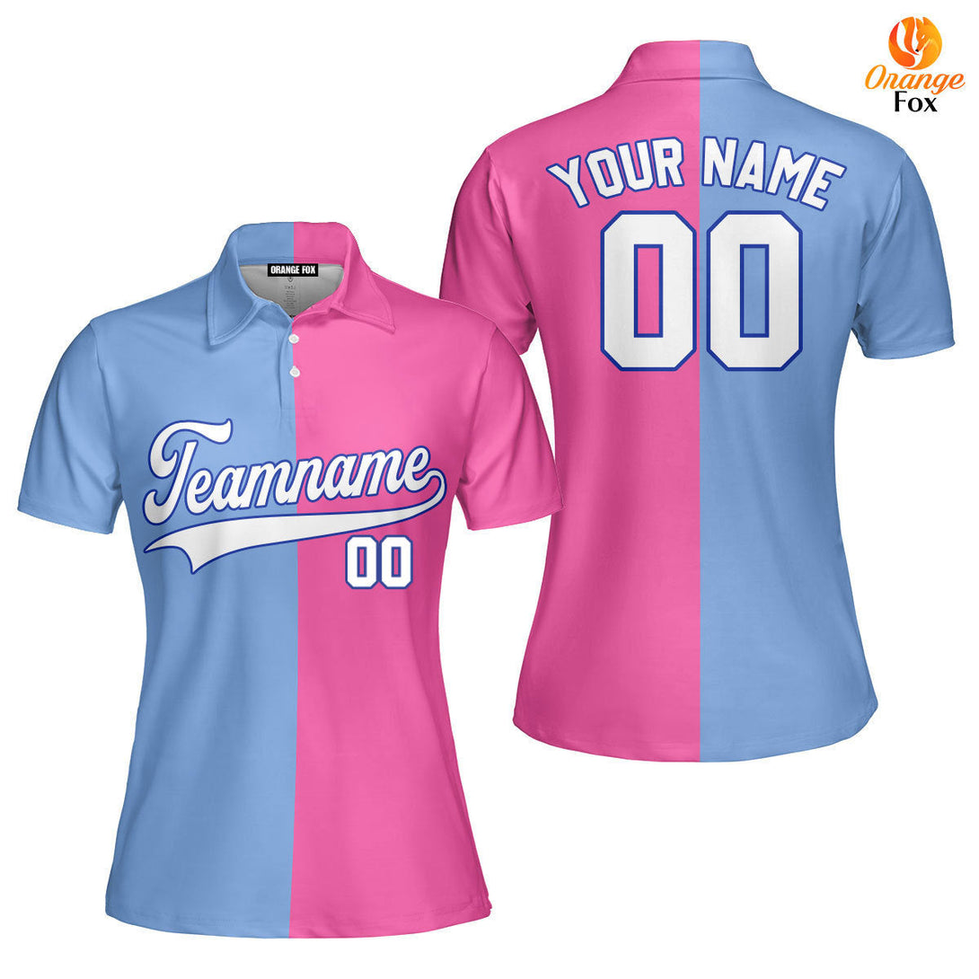 Custom Pink Dark Blue Light Blue Split Fashion Custom Polo Shirt For Women