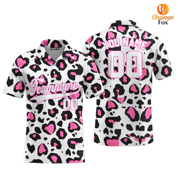 Custom Pink Leopard Pattern White Pink Custom Polo Shirt For Men