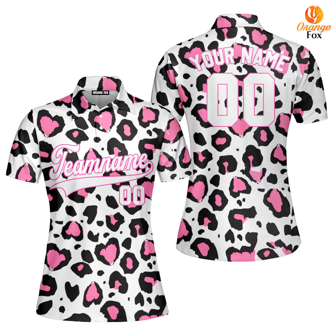 Custom Pink Leopard Pattern White Pink Custom Polo Shirt For Women