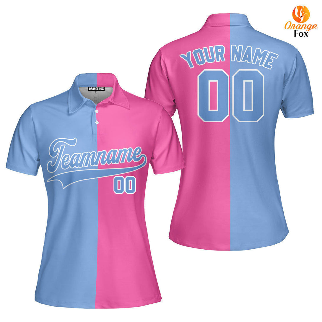 Custom Pink Light Blue Split Fashion Custom Polo Shirt For Women