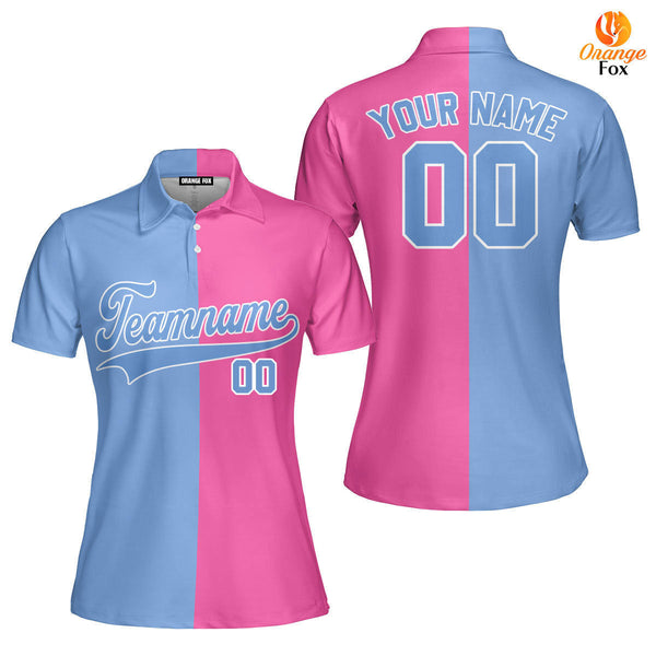 Custom Pink Light Blue Split Fashion Custom Polo Shirt For Women