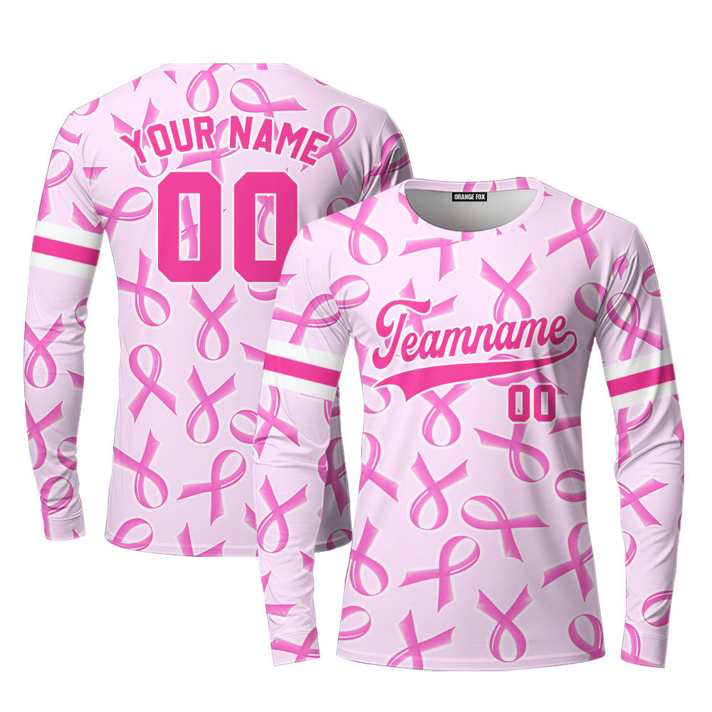 Custom Pink Ribbon Breast Cancer Strong Pink White Custom Long Sleeve T-Shirt For Men & Women