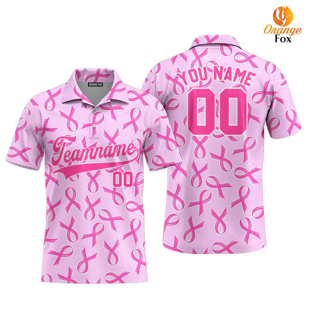 Custom Pink Ribbon Breast Cancer Strong Pink White Custom Polo Shirt For Men