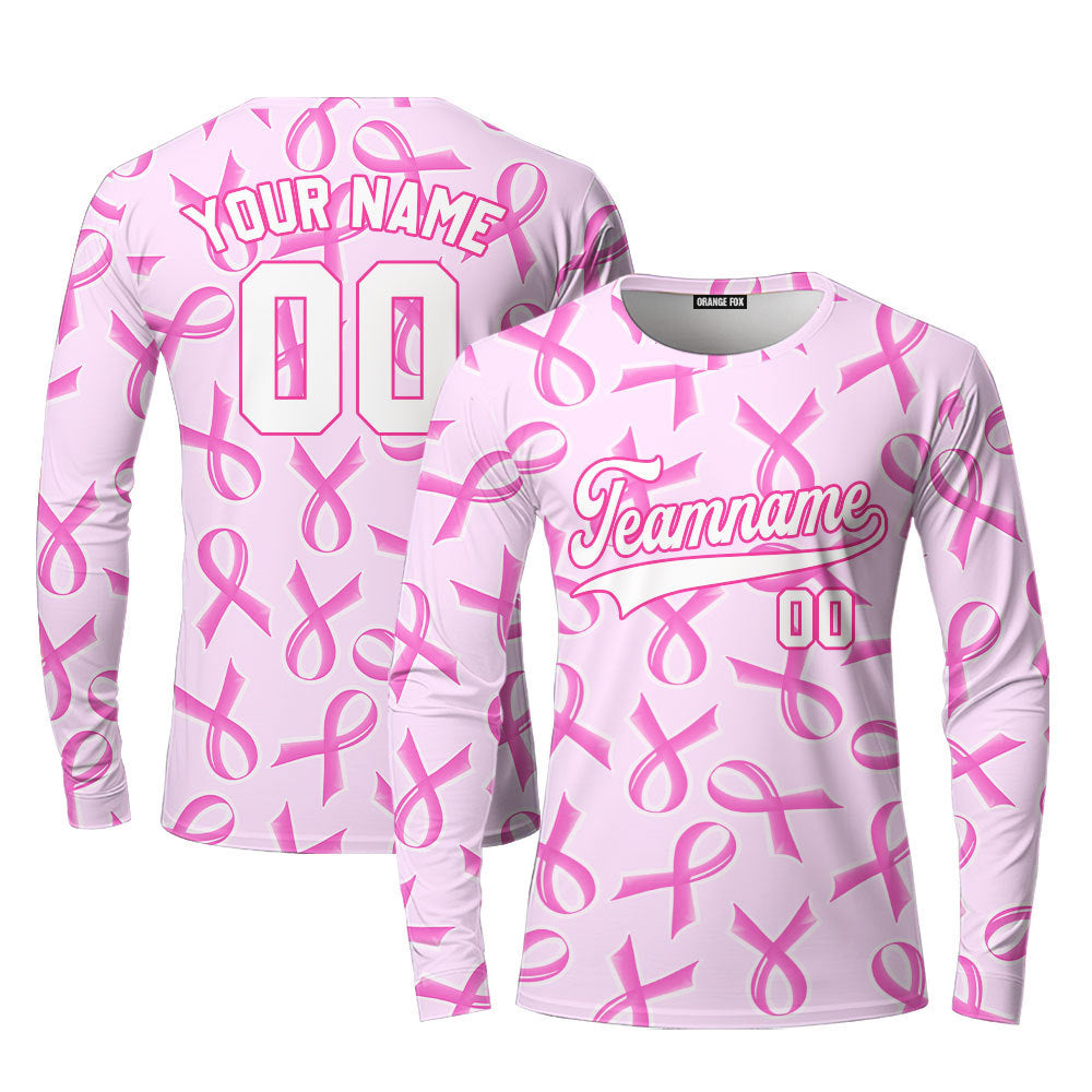 Custom Pink Ribbon Breast Cancer White Pink Custom Long Sleeve T-Shirt For Men & Women