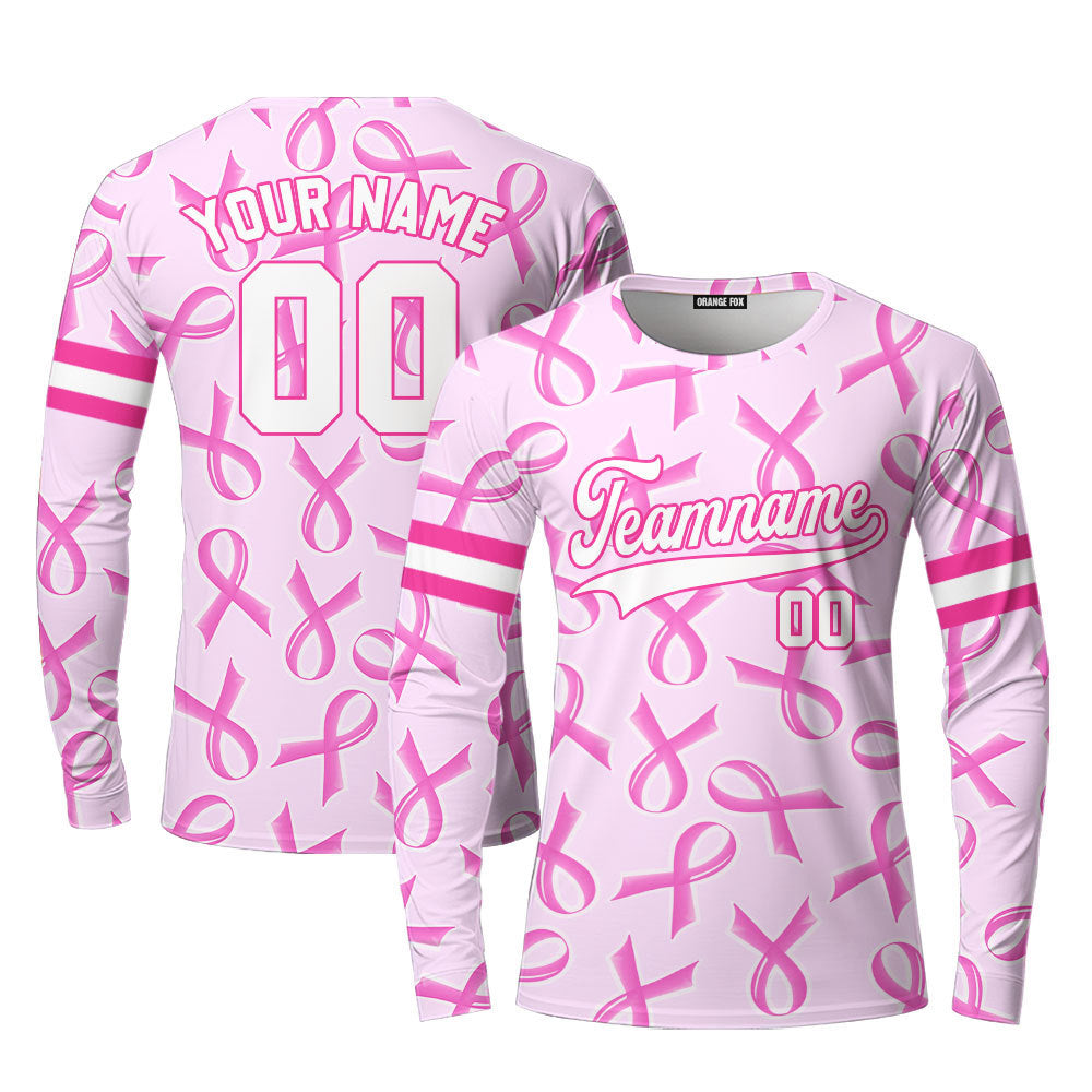 Custom Pink Ribbon Breast Cancer White Pink Custom Long Sleeve T-Shirt For Men & Women