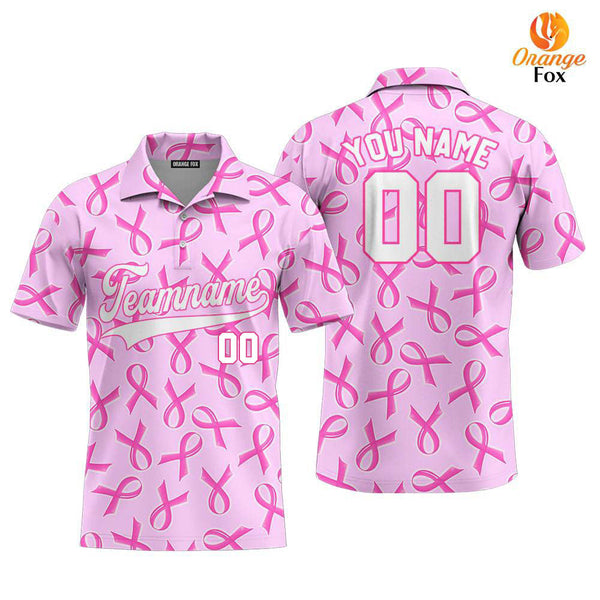 Custom Pink Ribbon Breast Cancer White Pink Custom Polo Shirt For Men