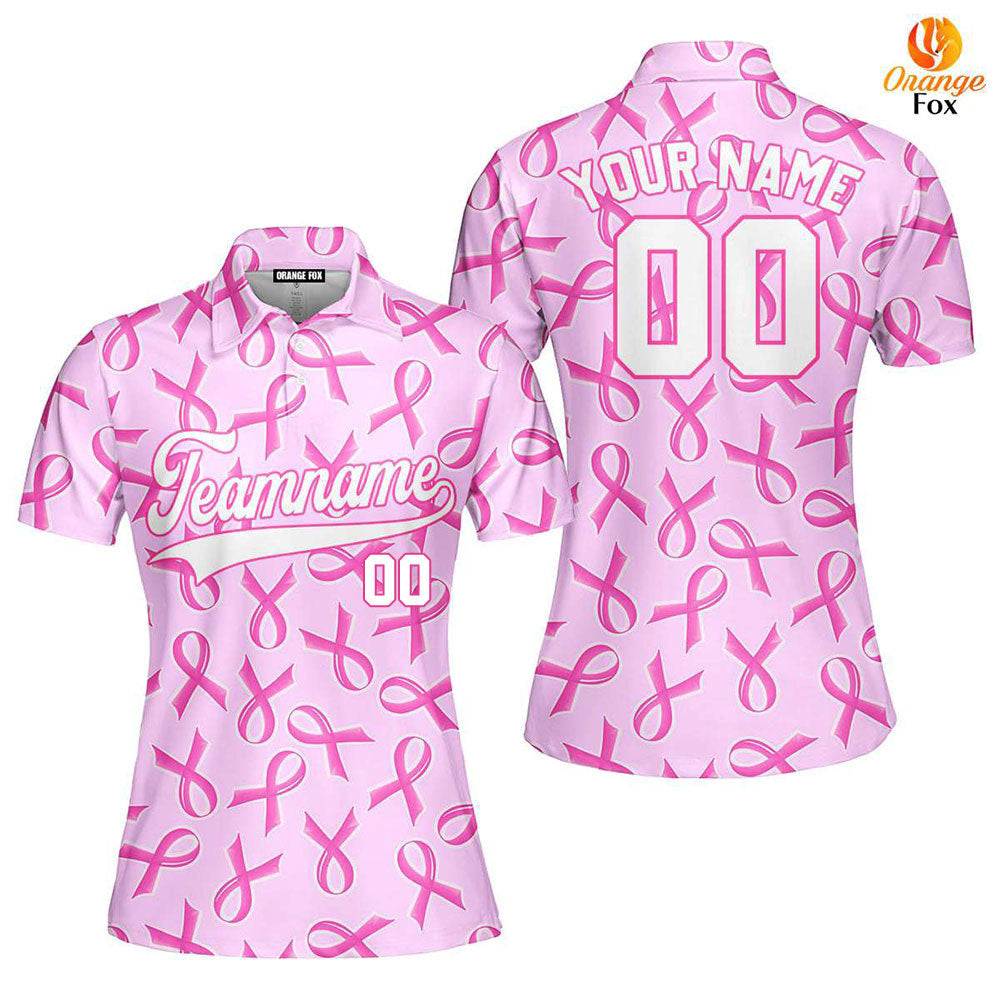 Custom Pink Ribbon Breast Cancer White Pink Custom Polo Shirt For Women