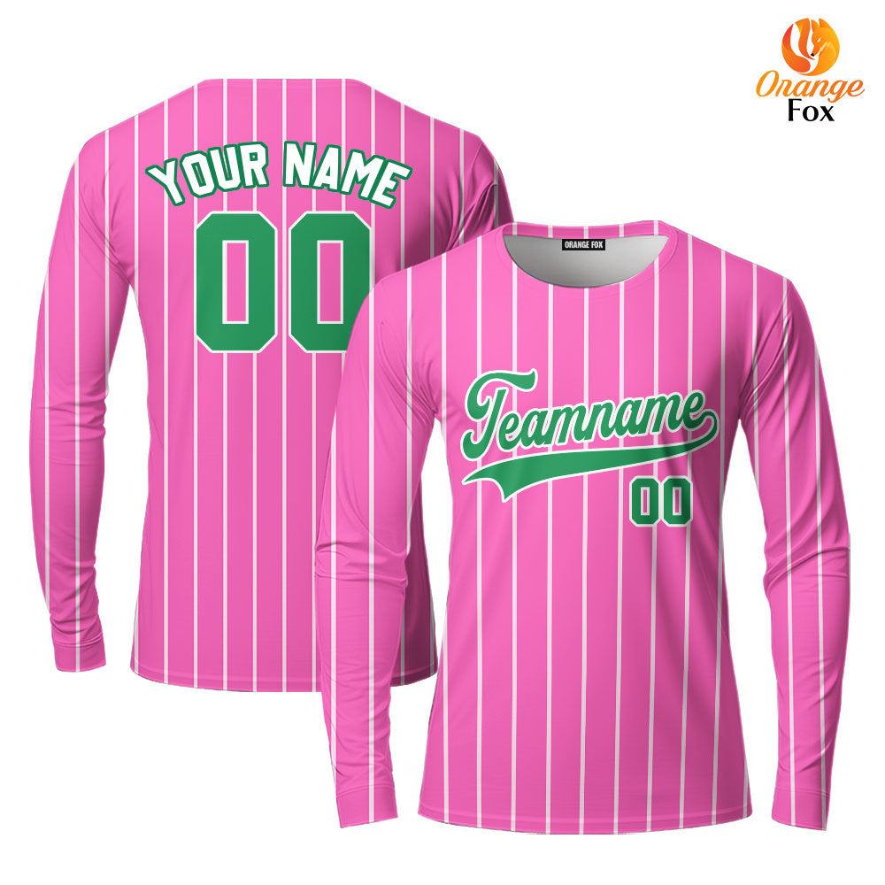 Custom Pink White Pinstripe Green Custom Long Sleeve T-Shirt For Men & Women