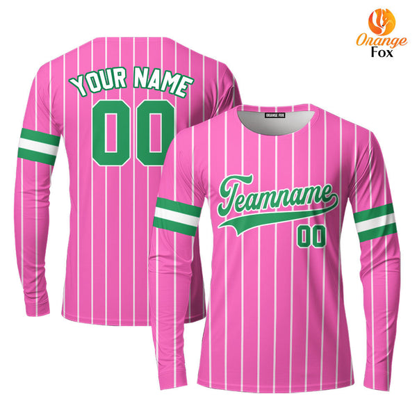 Custom Pink White Pinstripe Green Custom Long Sleeve T-Shirt For Men & Women