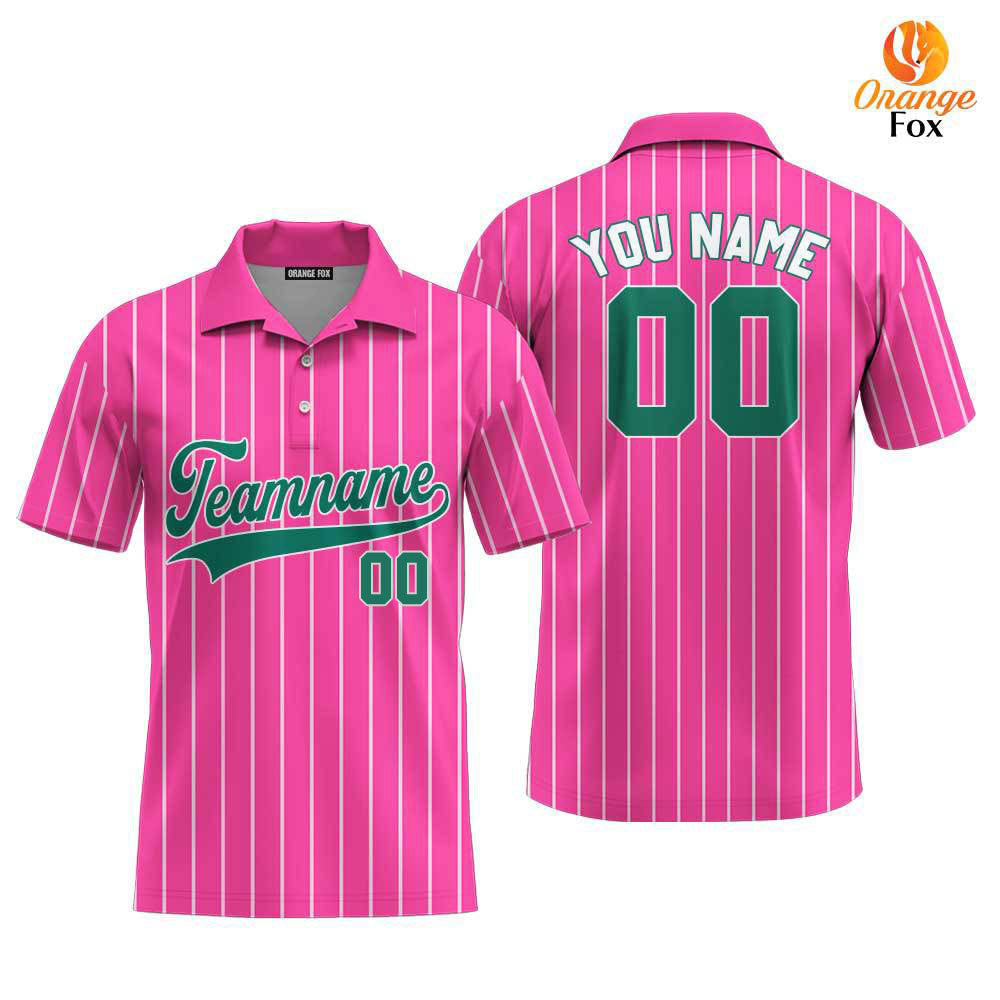 Custom Pink White Pinstripe Kelly Green Custom Polo Shirt For Men