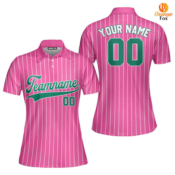 Custom Pink White Pinstripe Kelly Green Custom Polo Shirt For Women