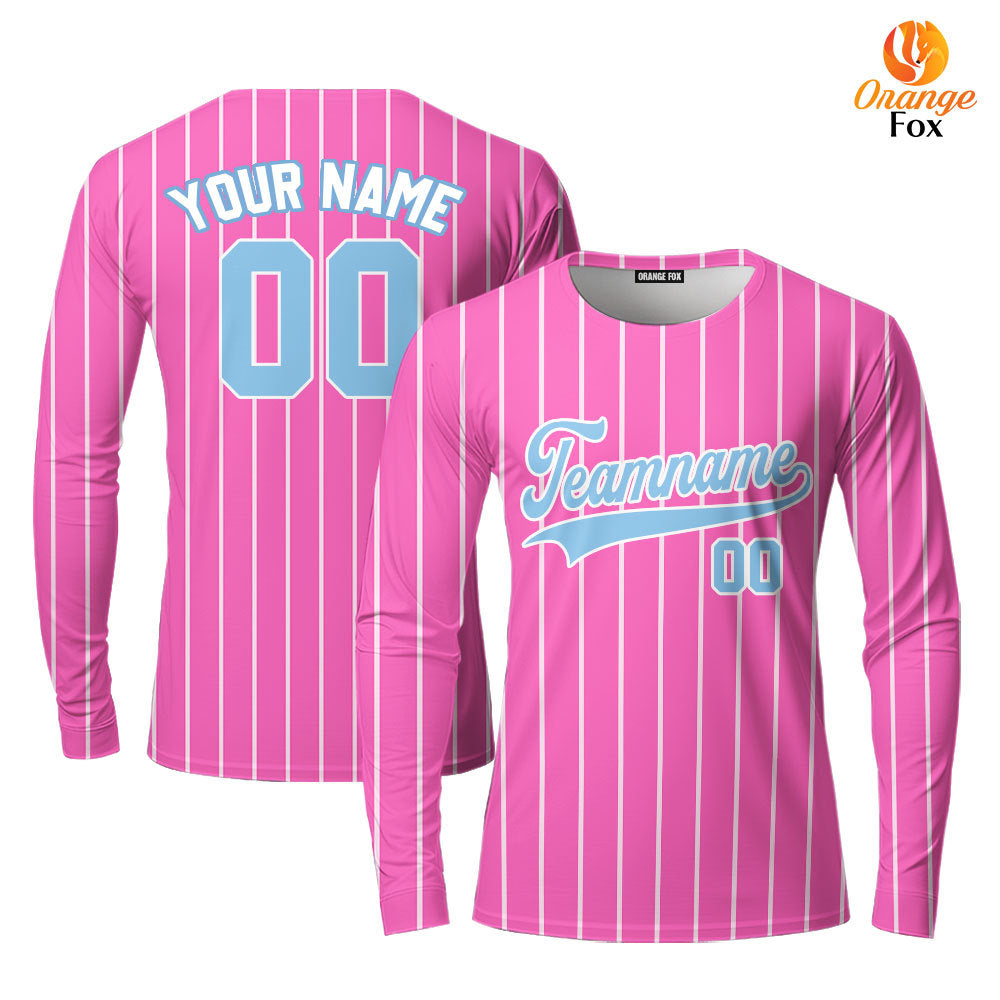 Custom Pink White Pinstripe Light Blue Custom Long Sleeve T-Shirt For Men & Women