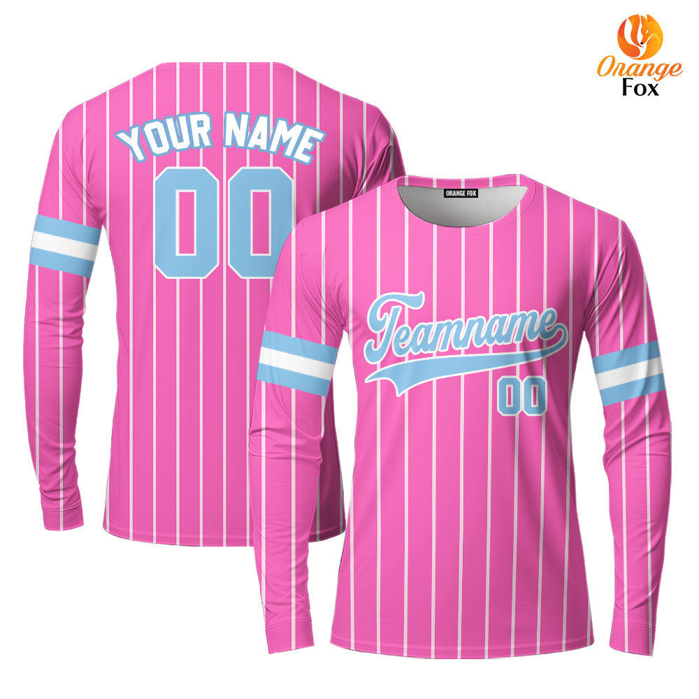 Custom Pink White Pinstripe Light Blue Custom Long Sleeve T-Shirt For Men & Women