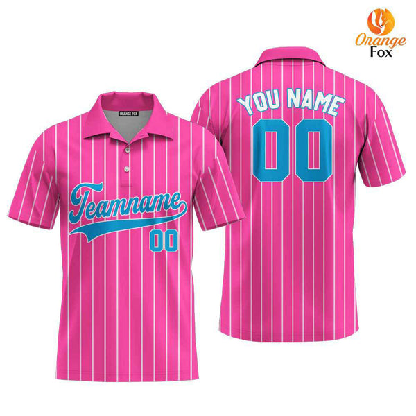 Custom Pink White Pinstripe Navy Blue Custom Polo Shirt For Men