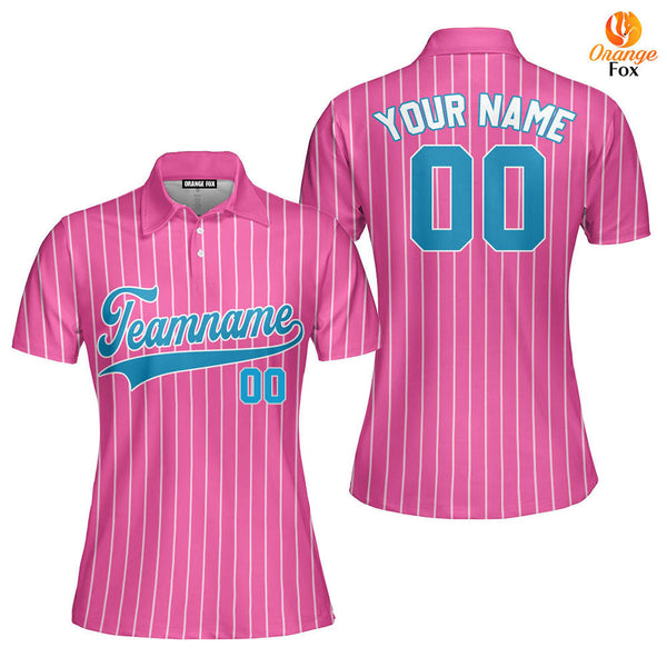 Custom Pink White Pinstripe Navy Blue Custom Polo Shirt For Women