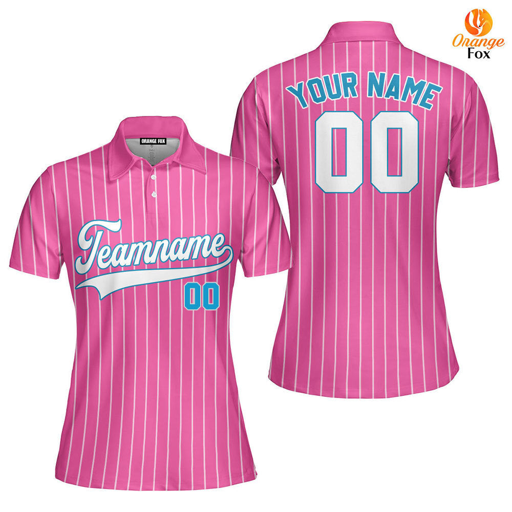 Custom Pink White Pinstripe Navy Custom Polo Shirt For Women