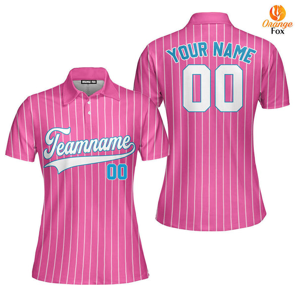 Custom Pink White Pinstripe Navy Custom Polo Shirt For Women