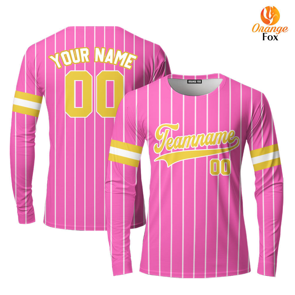 Custom Pink White Pinstripe Yellow Custom Long Sleeve T-Shirt For Men & Women