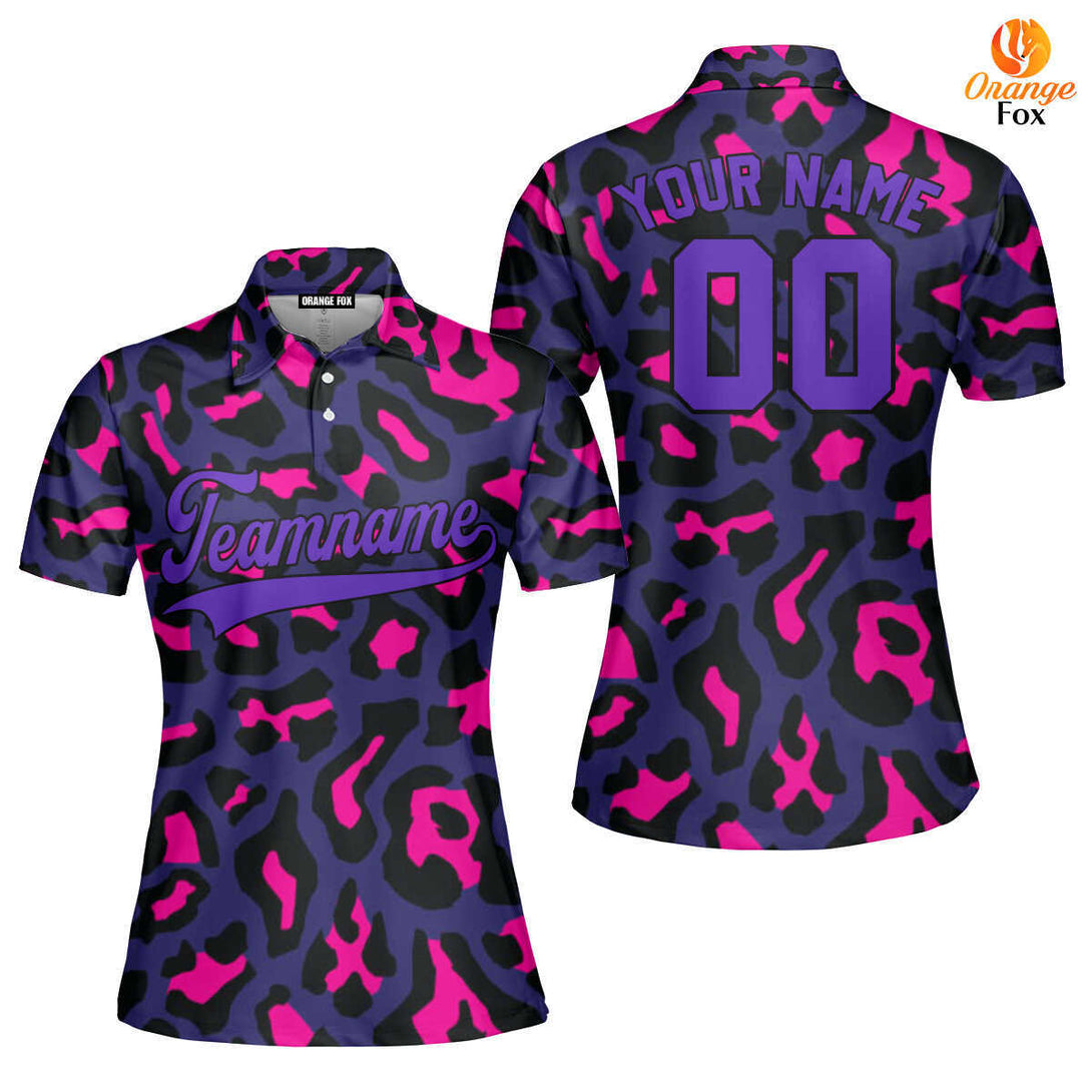 Custom Pinky Leopard Pattern Purple Black Custom Polo Shirt For Women