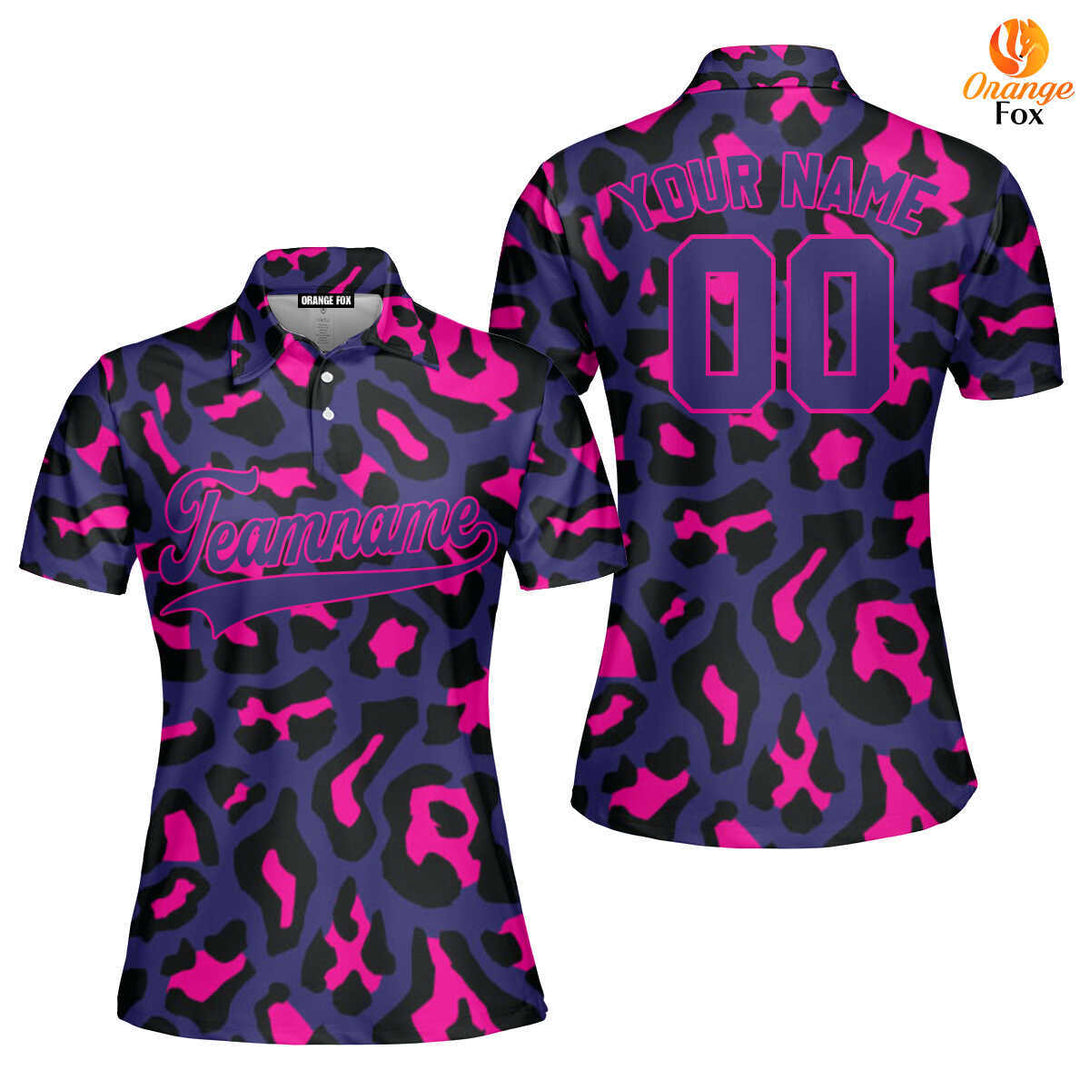 Custom Pinky Leopard Pattern Purple Pink Custom Polo Shirt For Women