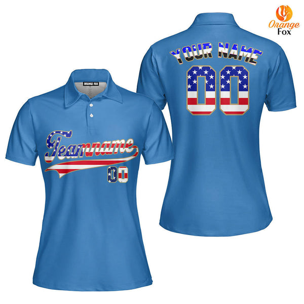 Custom Powder Blue American Flag Fashion Custom Polo Shirt For Women